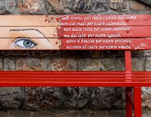 panchina, rosso, occhio, muro, frase, donna, parole, pietre, sopracciglia, ciglia, fiori, bianco, occhi, dipinto, ferro, pupilla, scritte, legno