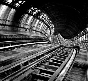 binari, bianconero, rotaie, curve, tunnel, curva, traversine, galleria, prospettiva, ferro, ferrovia